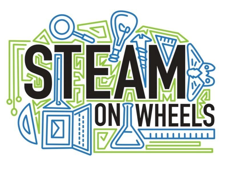 STEAM on Wheels logo - black title, Steam on Wheels, surrounded by blue and green icons