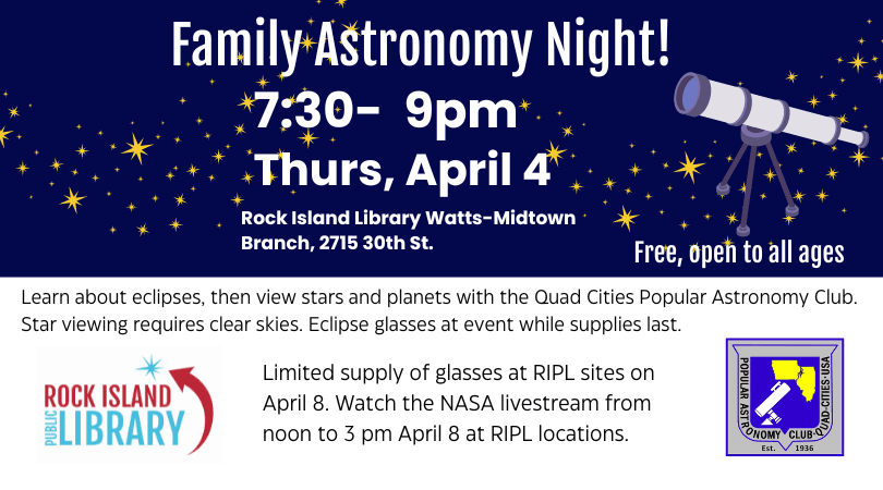 Astronomy Night April 4, 7:30 to 9 pm, Watts-Midtown Branch, Dark sky illustration with gold stars 