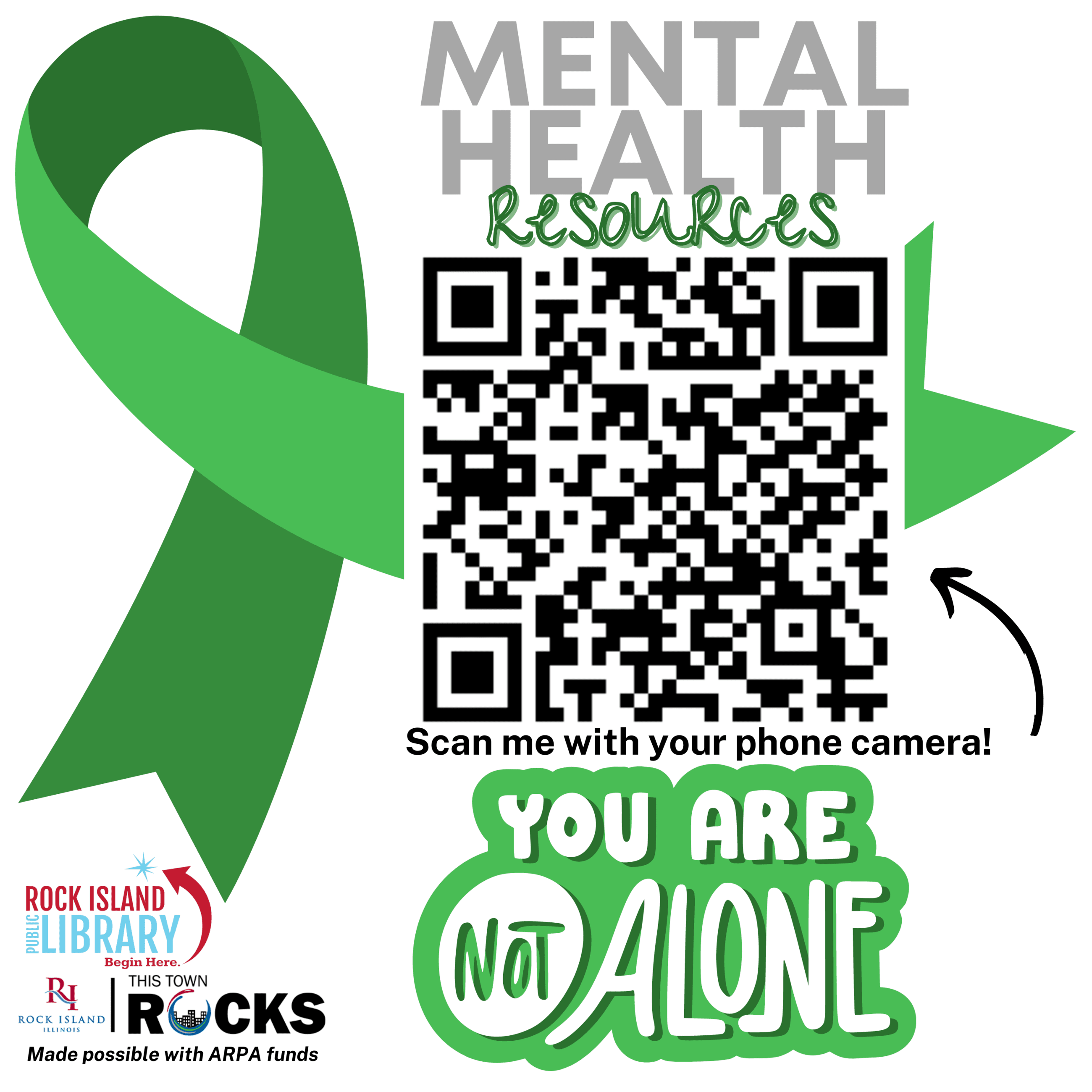 Mental Health Sticker-green mental health awareness ribbon with QR Code to resource page 