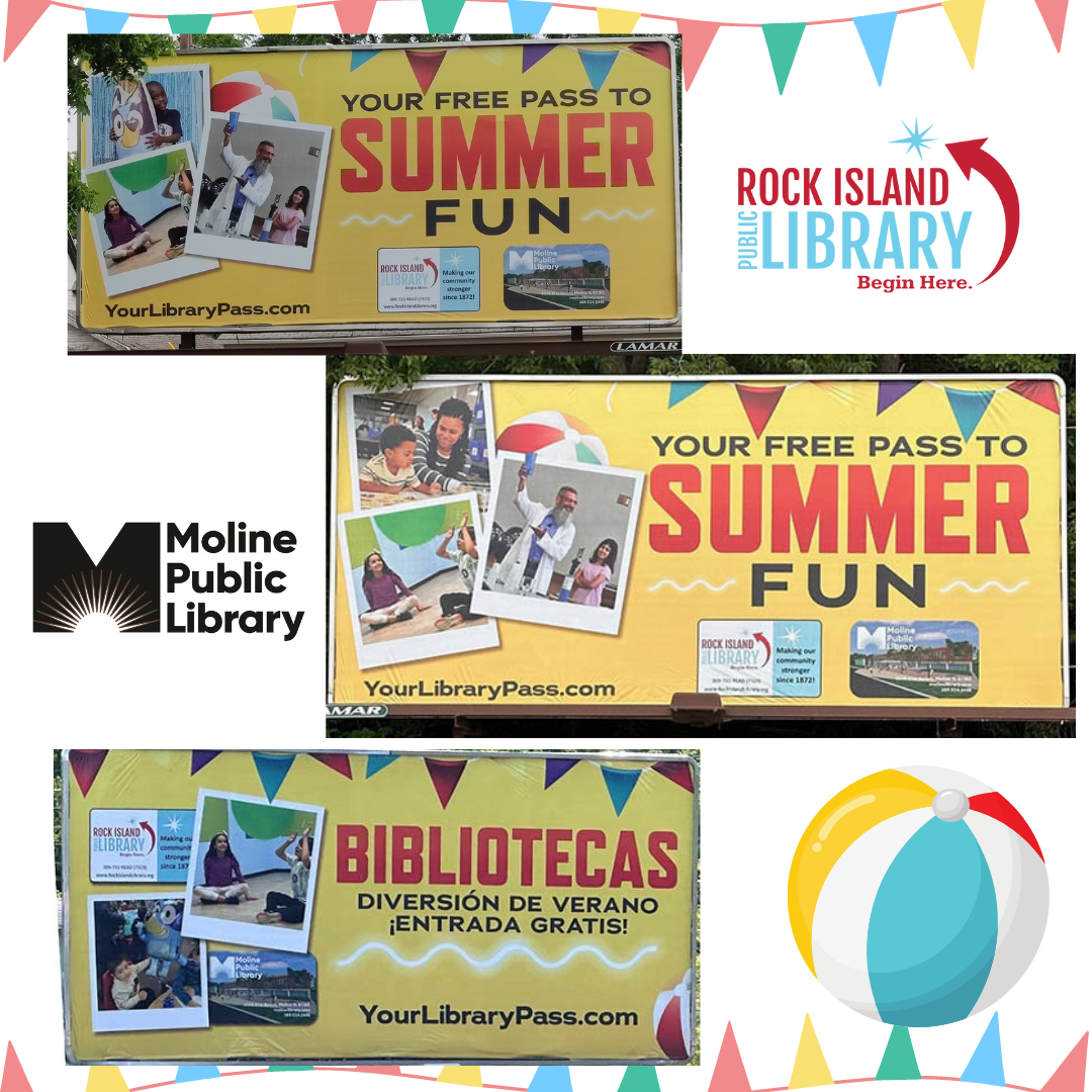 Three photos of Rock Island and Moline Library summer billboards with library logos 