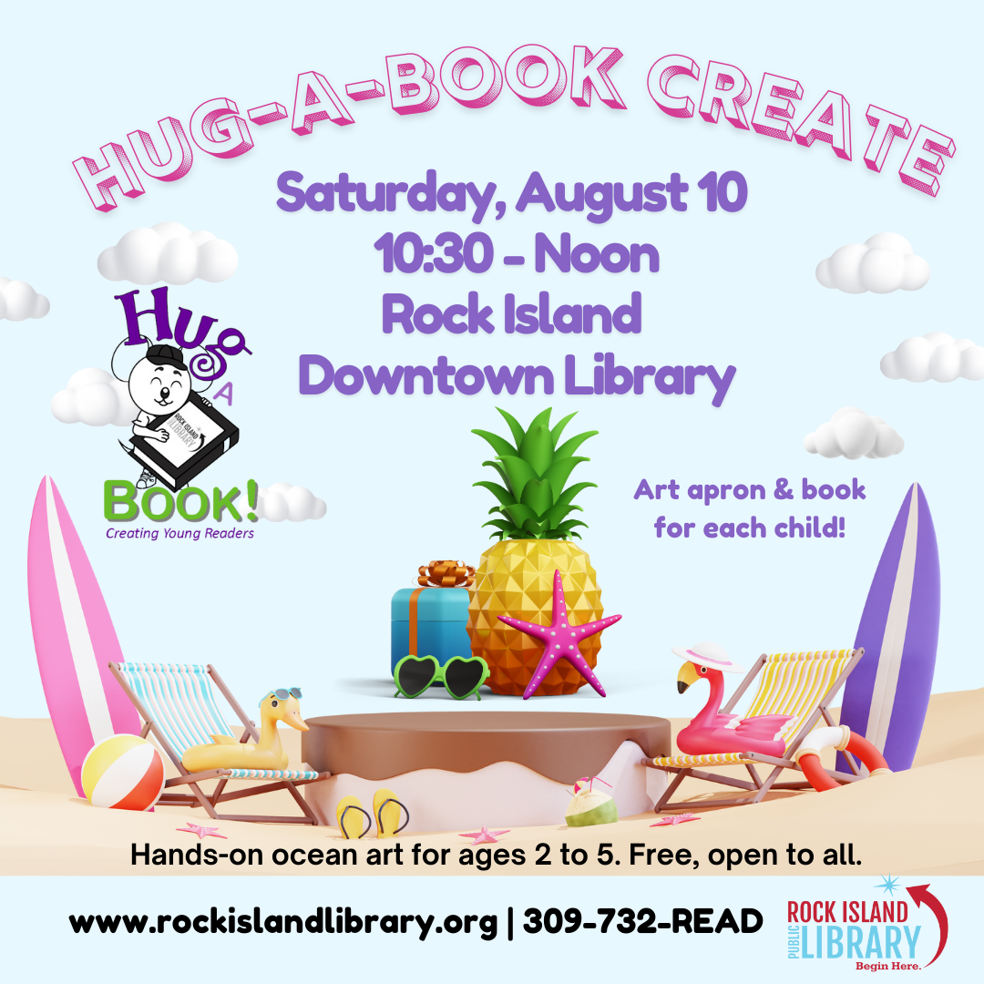 Hug-a-Book Create, beach scene with pineapple, flip-flops, surf boards, beach chairs