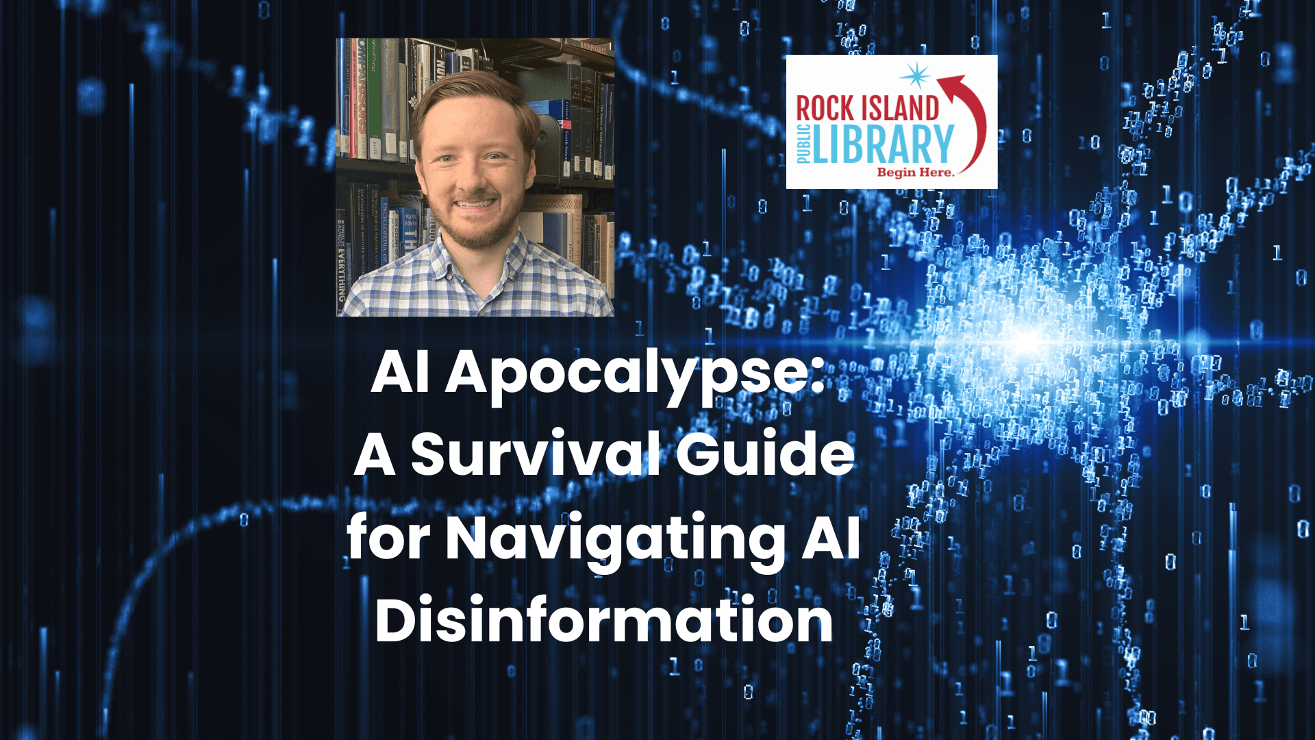 Computer background, image of speaker Atticus Garrison with library logo 