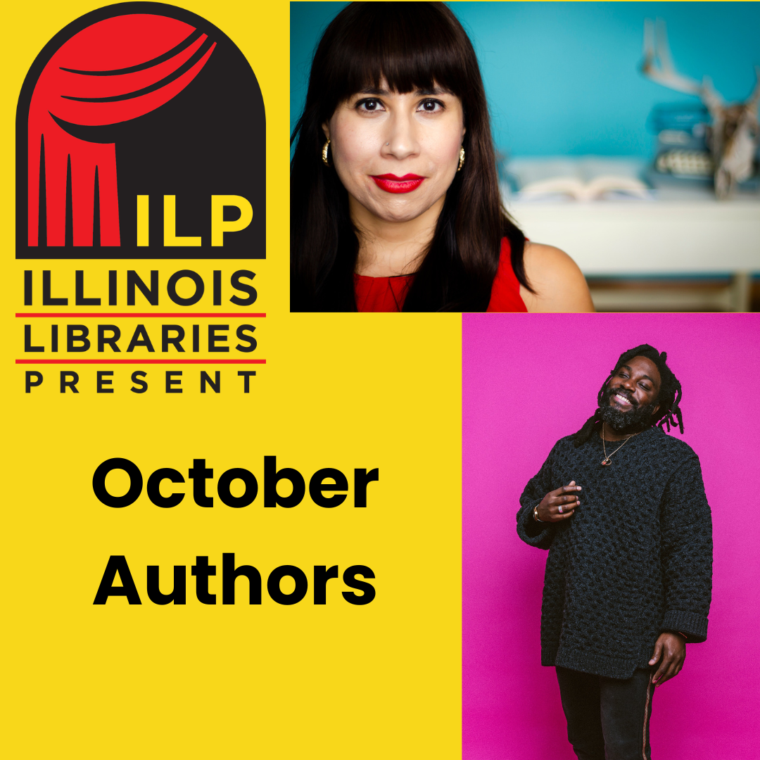 Title October Authors, Illinois Libraries Present Logo on yellow square, author photos 