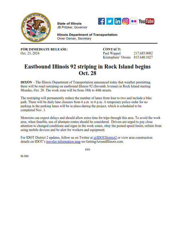 IDOT News Release for Eastbound IL 92 Striping