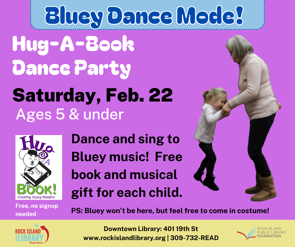 Hug a Book Bluey dance party_Feb. 22, Downtown Library, Adult and child dancing